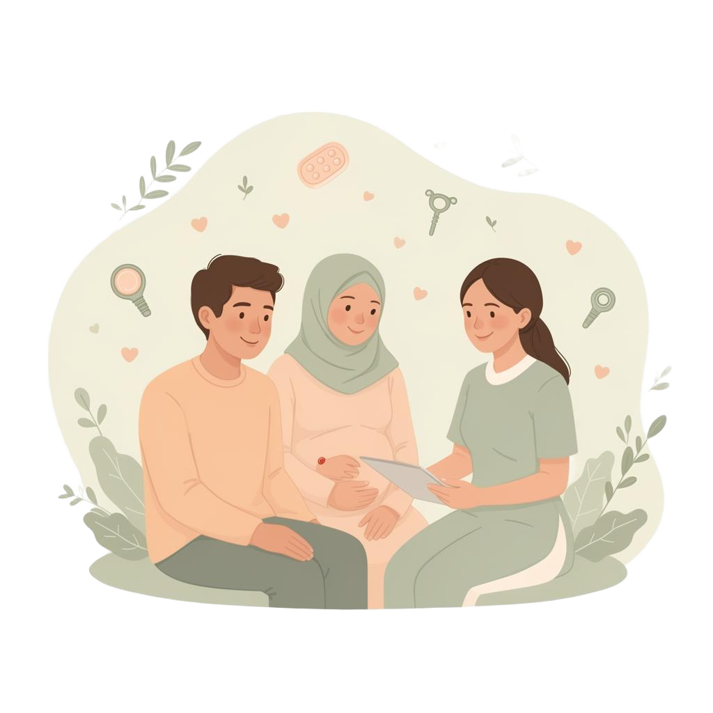 Pasangan suami istri berkonsultasi tentang KB bersama bidan